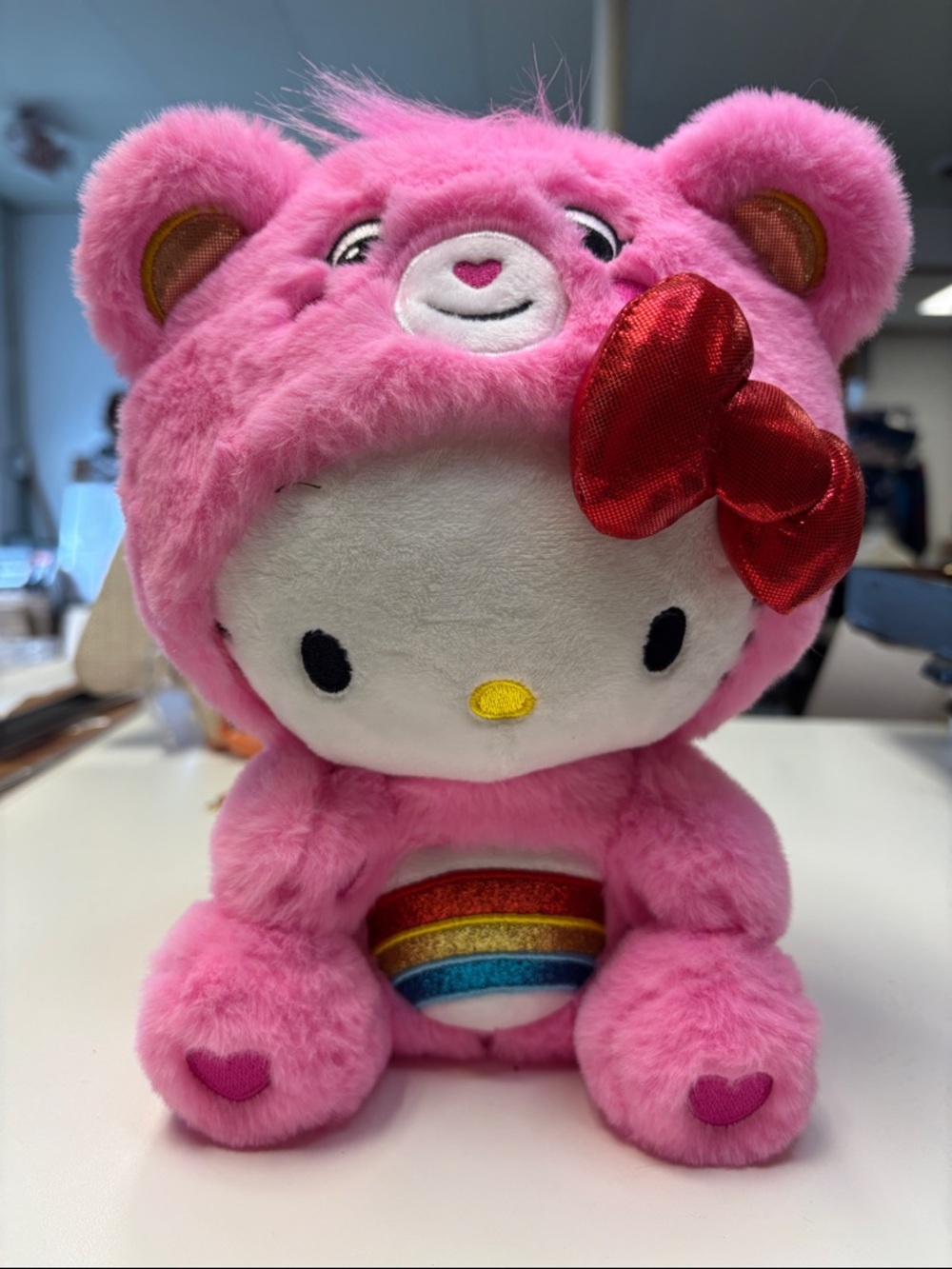 Hello Kitty Pink Plush with Red Bow and Rainbow Belly